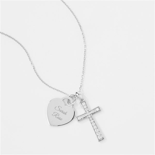 Engraved Sterling Silver Pave Cross and Heart Swing Necklace