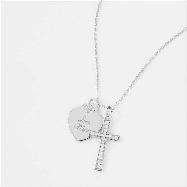 Engraved Sterling Silver Pave Cross and Heart Swing Necklace