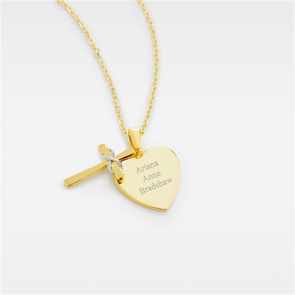 Engraved Gold Over Sterling Silver Cross and Heart Necklace - 46138