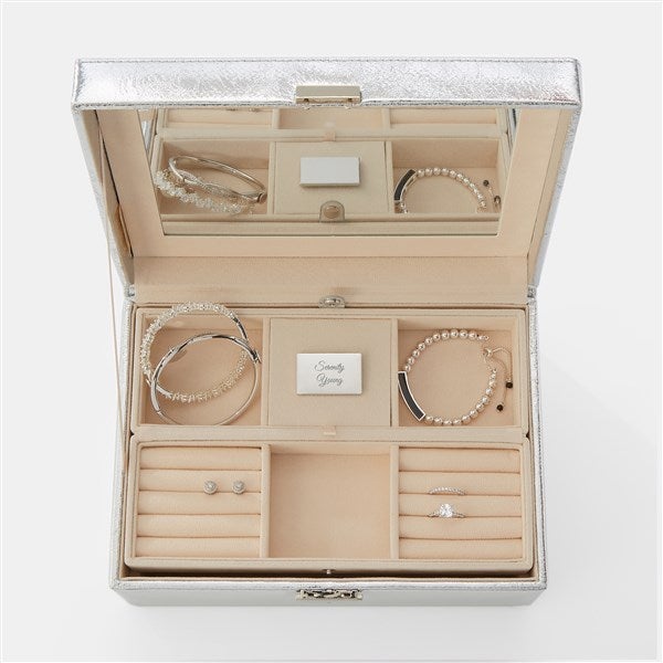 Engraved Vegan Leather Large Jewelry Box in Silver