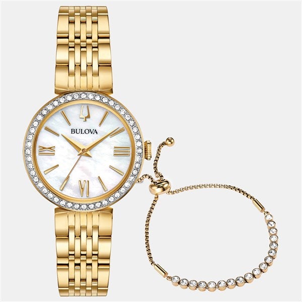 Engraved Bulova Ladies&#39; Crystal Watch & Bracelet Set - 47640