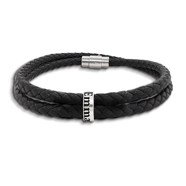 Men's Custom Name Black Leather Bracelet  - 48147D