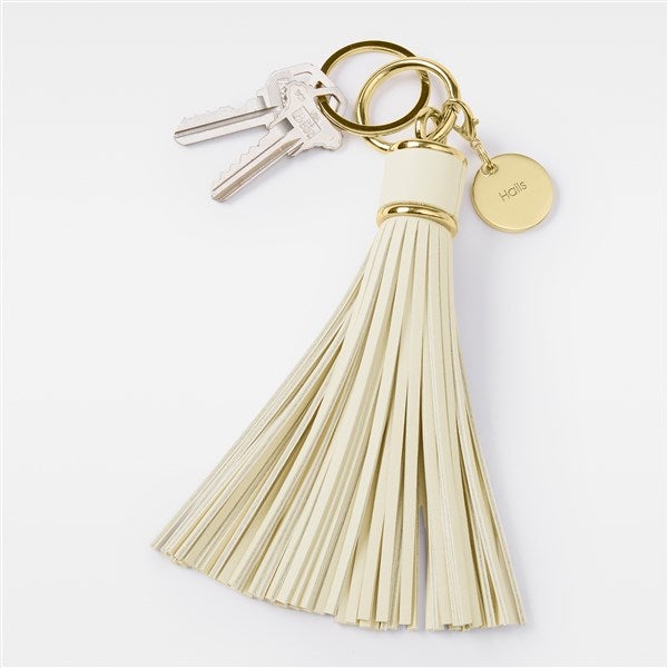 Engraved Cream Leather Tassel Keychain Bag Tag