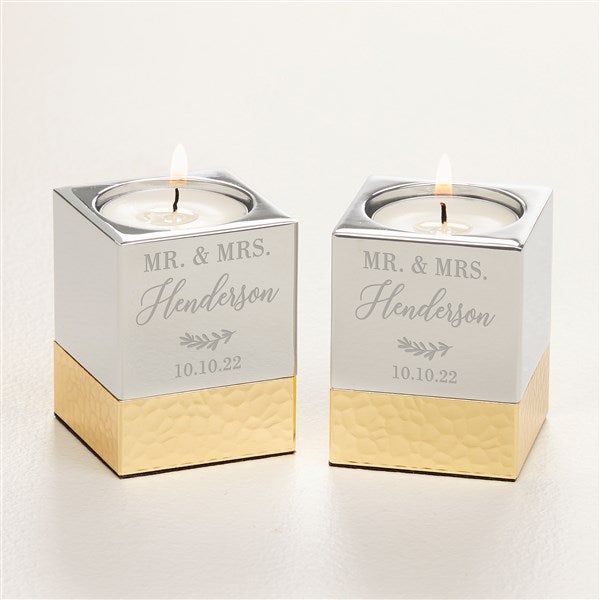 Laurels Of Love Engraved Silver & Gold Hammered Metal Candle Holders  - 52073