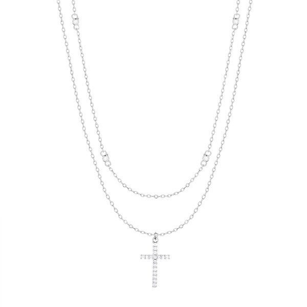 Sterling Silver CZ and Cross Layered Necklace Set - 54718D