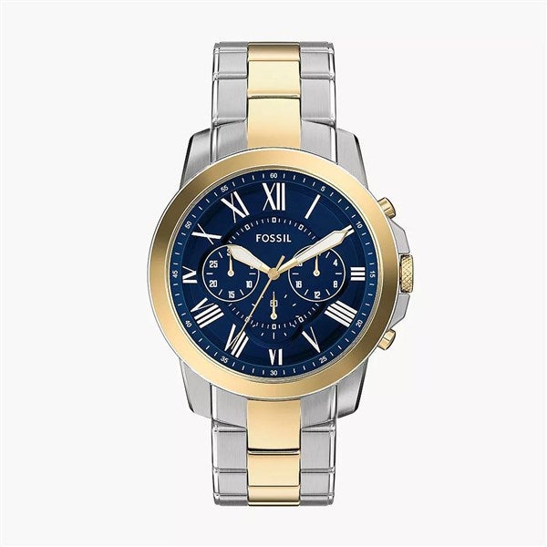 Engraved Fossil Grant Two Tone Blue Dial Stainless Watch - 55451
