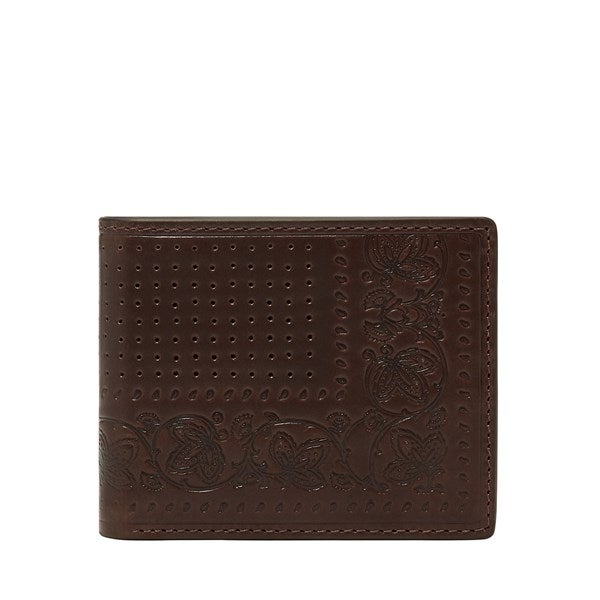 Engraved Fossil Derrick Flip ID Leather Wallet in Brown Paisley - 55459