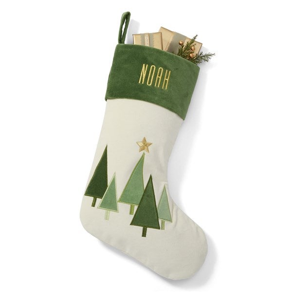 Embroidered Modern Tree Stocking in Ivory/Green - 55877