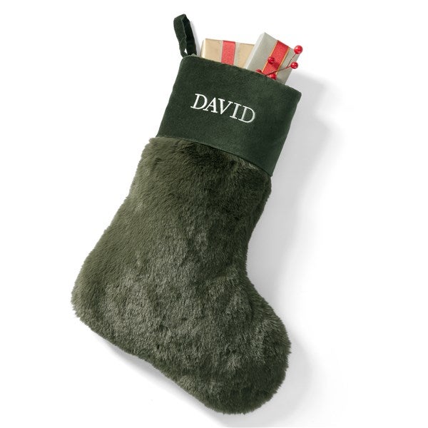 Embroidered Luxe Faux Fur Stocking in Evergreen - 55895