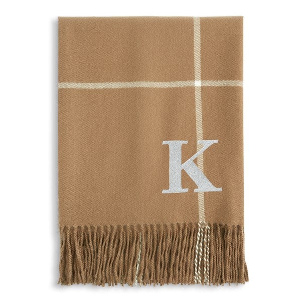 Embroidered Monogram Luxe Plaid Fringe Throw - 56059