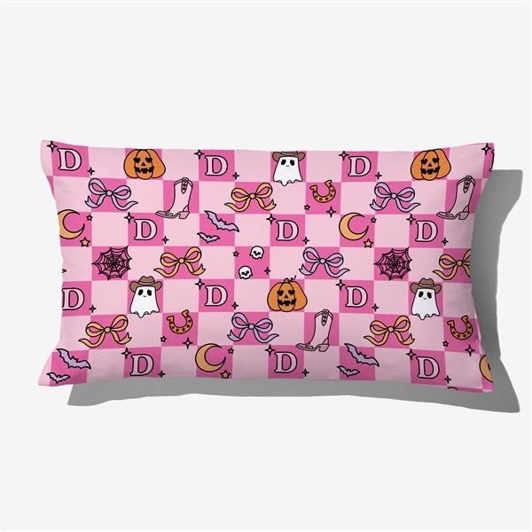 Kittenish Personalized Pinkoween Checked Lumbar Velvet Pillow - 56111