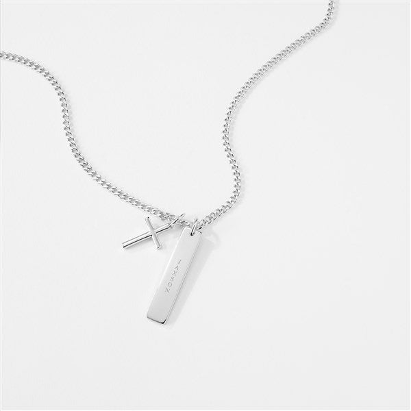 Engraved Sterling Silver Cross and Bar Necklace  - 56459