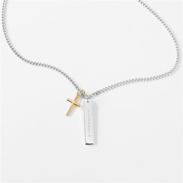 Engraved Gold & Sterling Silver Cross and Bar Necklace  - 56460