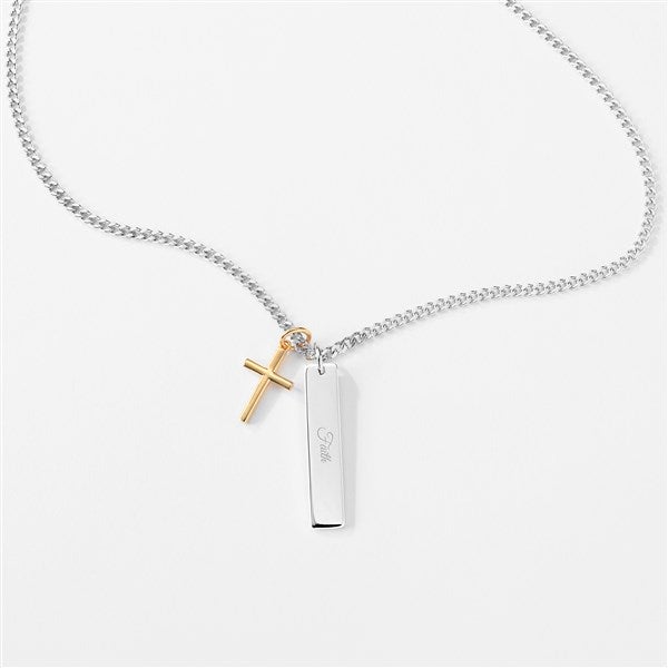 Engraved Gold & Sterling Silver Cross and Bar Necklace  - 56460