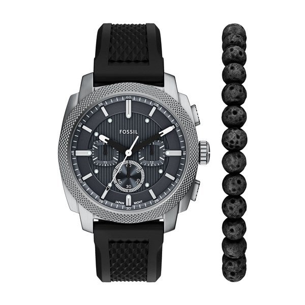 Engraved Fossil Machine Black Watch & Bracelet Gift Set - 57057