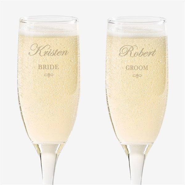 Engraved Crystal Champagne Flutes - Bride and Groom Design - 7095