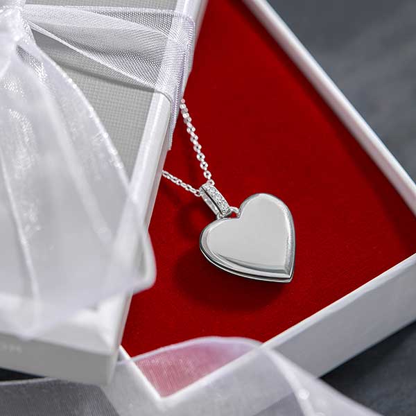 Engraved Sterling Silver Heart Locket with Diamonds Necklace