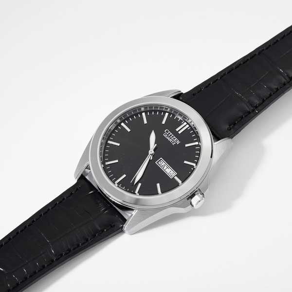 Engraved Citizen Milestone Quartz Black Leather & Silver Watch