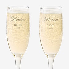 Engraved Crystal Champagne Flutes - Bride and Groom Design - 7095