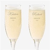 Engraved Crystal Champagne Flutes - Bride and Groom Design - 7095