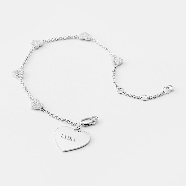 Engraved Sterling Silver Pave Heart Station Bracelet