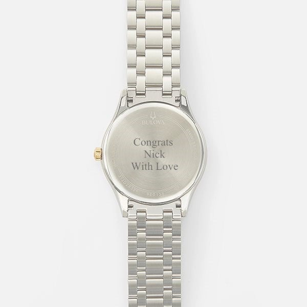 Engraved Bulova Blue Dial Two Tone Watch