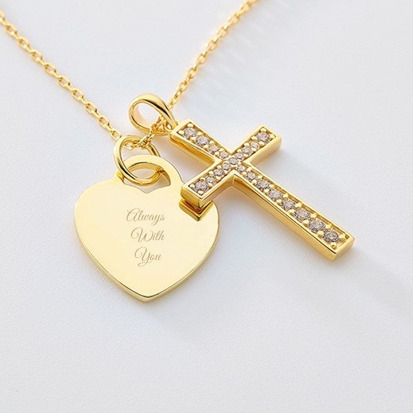 Engraved Cross with Heart Necklace