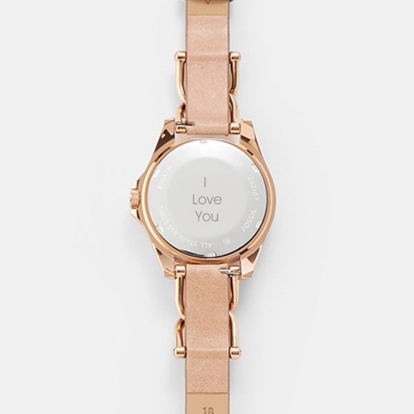 Engraved Fossil Women's Riley Rose Gold Leather Watch