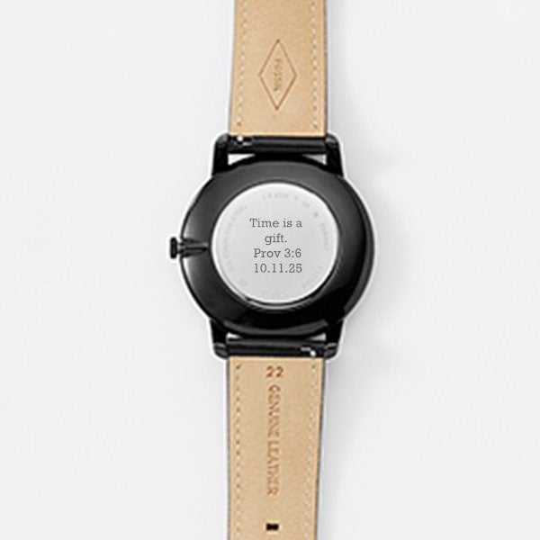 Engraved Fossil Minimalist Black Leather Watch