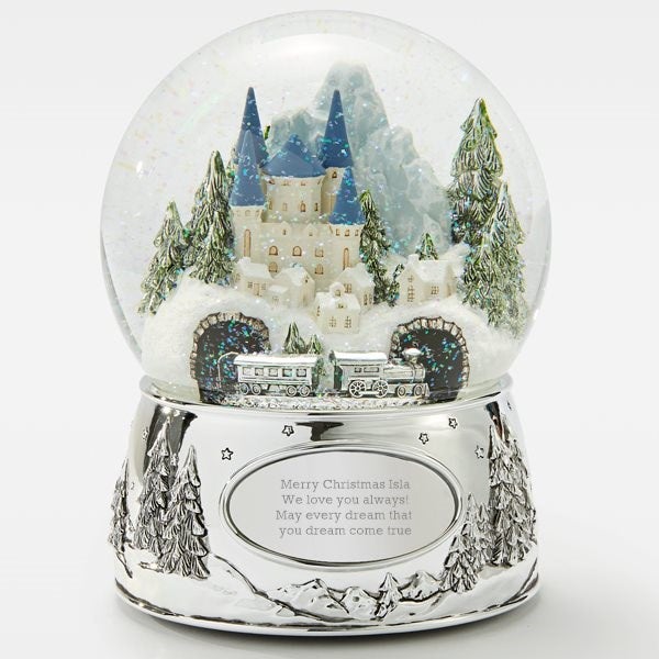 Engraved Winter Castle with Train Snow Globe