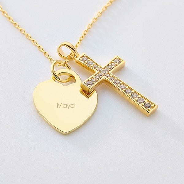 Engraved Cross with Heart Necklace