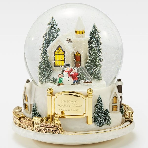 Engraved Large Colorful Village with Train Snow Globe